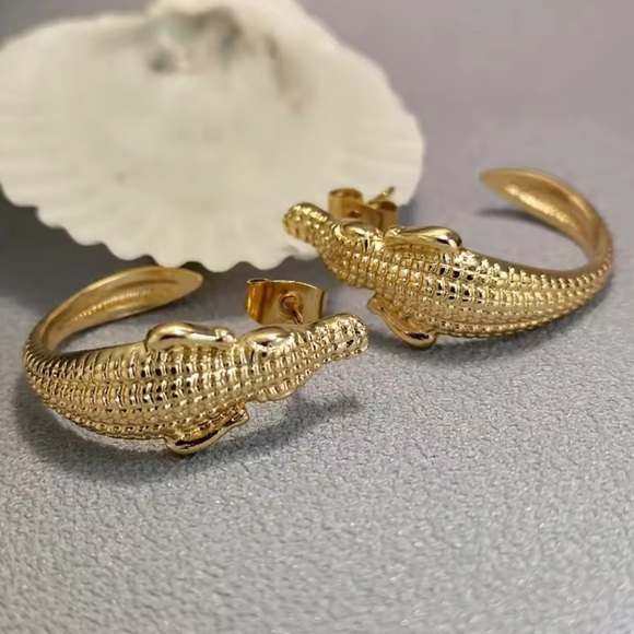 Alligator Gold Textured Hoop Statement Earrings - Picture 2 of 4